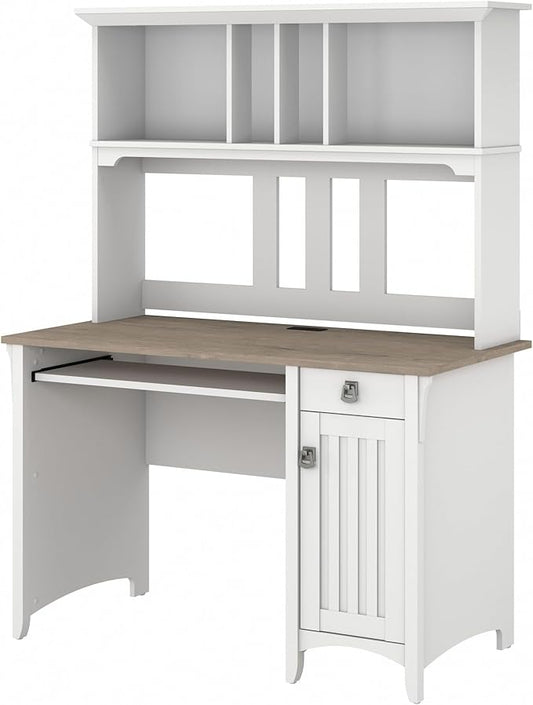 Bush Furniture Salinas Computer Desk with Hutch | Study Table with Drawers, Cabinets & Pullout Keyboard/Laptop Tray | Modern Home Office Desk in Pure White and Shiplap Gray | Work Desk with Storage