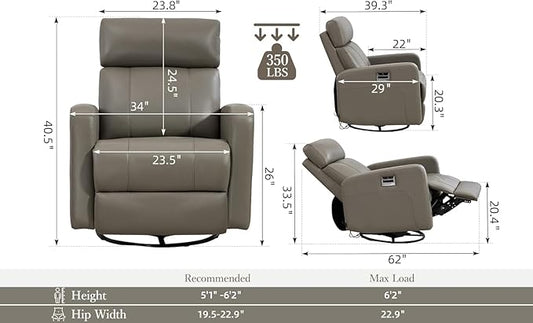 Genuine Leather Power Swivel Recliner Chair, Glider Electric Rocking Chair for Adults. Nursery Rocker Sofa Chair with Adjustable Headrest for Living Room. Wireless Charging/Type-C&USB, Grey