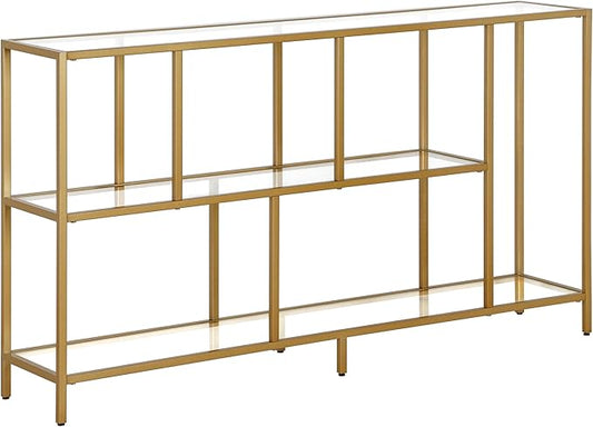 Henn&Hart 52" Wide Rectangular Console Table with Glass Shelves in Brass, Entryway Table, Accent Table for Living Room, Hallway