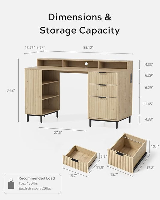 55" Fluted Executive Desk with Charging Station, Modern Wood Home Office Desk with with Storage Shelf & File Drawer, Writing Study Computer Table for Work Study, Light Oak