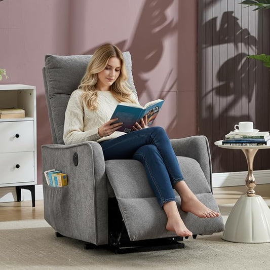 PELUMY Manual Lift Recliner Chair with Massage and Heat for Elderly, Single Motor Electric Lift Chair, Heavy Duty Recliner with USB Charging & Side Pockets (Chenille, Light Grey)