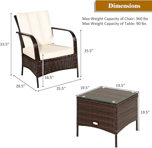COSTWAY 3 Pieces Patio Rattan Furniture Set, Outdoor Conversation Chair Set with Coffee Table & 2 Cushions for Backyard, Porch, Poolside, Lawn, Garden, White