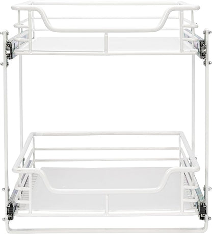 Household Essentials Glidez Multipurpose Paint-Finished Steel Pull-Out/Slide-Out Storage Organizer for Under Cabinet Use - 2-Tier Design - Fits Standard Size Cabinet or Shelf, White