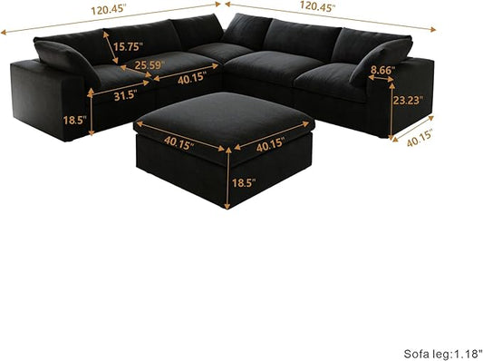 Cloud Couch Modular Sectional Sofa with Storage Ottomans,160.6" Down Filled 6 Seater Convertible Sectional Sofas,V Shaped Black Couch for Living Room,Covers Washable&Replaceable