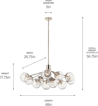 KICHLER Silvarious 12-Light Linear Convertible Chandelier, Soft Modern Light with Clear Crackled Glass in Polished Nickel, for Dining Room or Living Room (17.75" x 26.75" x 48"), 52703PN