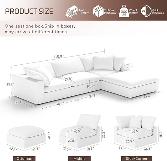 Oversize Cloud Modular Sectional Sofa,110.8" L Shape 3 Seaters with Chaise Down Filled Comfort Sofa Detachable Couch Cushion Covers for Living Room,White