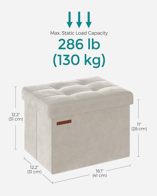 SONGMICS Storage Ottoman, Foldable Small Ottoman Foot Rest, 12.2 x 16.1 Inches Foot Stool, OAD up to 286 lb, for Living Room, Bedroom, Dorm, Cream White ULSF200W01