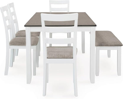 Signature Design by Ashley Stonehollow Casual Rectangular Dining Room Table Set with 4 Chairs and Bench, Set of 6, Foam Cushions, Wood, White and Gray