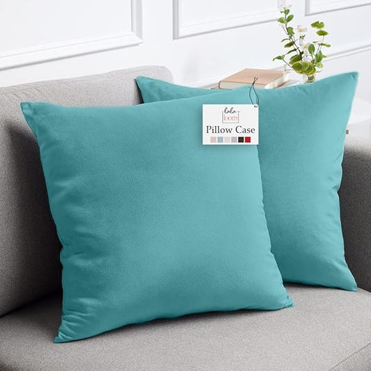 lalaLOOM Velvet Throw Pillow Covers, Set of 2, 18x18 Decorative Square Pillows Home Decor, Soft Accent Cases, Silky Machine Washable Pillowcases for Sofa, Couch, Bedroom, Living Room, Turquoise