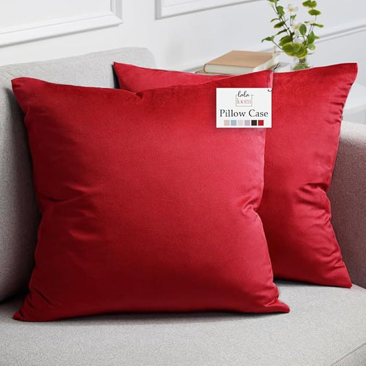 lalaLOOM Velvet Throw Pillow Covers, Set of 2, 18x18 Decorative Square Pillows Home Decor, Soft Accent Cases, Silky Machine Washable Pillowcases for Sofa, Couch, Bedroom, Living Room, Ruby Red