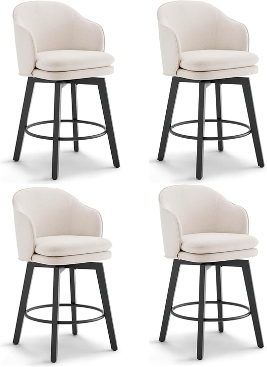 Counter Height Barstools 26 inch Upholstered Swivel Bar Stools with Back and Wood Legs for Kitchen Island,Set of 4,Beige Fabric