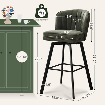 Swivel Counter Height Bar Stools Set of 2, 30'' Modern Barstools with Backs and Metal Legs, Upholstered Bar Chairs, Faux Leather Green Stools for Kitchen Island Chairs