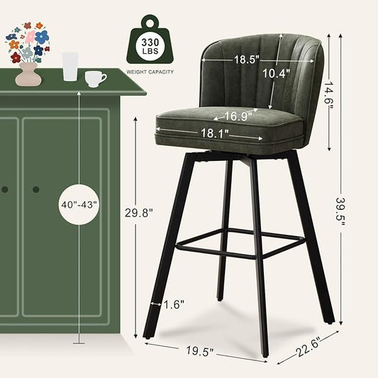 Swivel Counter Height Bar Stools Set of 3, 30'' Modern Barstools with Backs and Metal Legs, Upholstered Bar Chairs, Faux Leather Green Stools for Kitchen Island Chairs