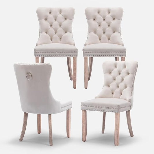 Velvet Upholstered Dining Chairs Set of 4, Modern Style Kitchen Side Chairs with Nailhead Trim and Wood Legs,Metal Pulling Ring for Dining Room Living Room(Beige,Set of 4)