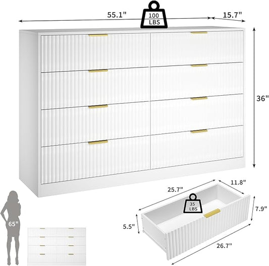 White Fluted Dresser Bedroom with 8 Drawer,55” Wide White Double Drawer Dresser Modern Chest of Drawers with Gold Handles,Wood TV Stand for Bedroom,Living Room