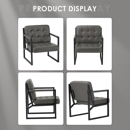 COLAMY Accent Chairs Set of 2, Modern Accent Arm Chairs for Living Room, Comfy Leather Armchairs with Metal Legs for Bedroom Reception Room, Grey