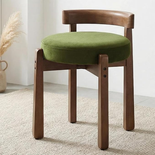 HNY Velvet Makeup Vanity in Vintage Green: Compact Round Ottoman Chair with Wooden Legs, Perfect for Small Spaces Like Entryway, Cloakroom & Boudoir