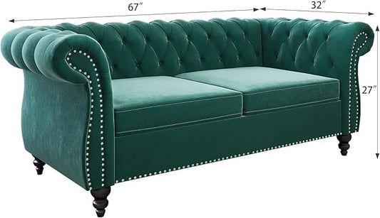 Chesterfield Loveseat Sofa, Modern Velvet Small Sofa Couch 2 Seater with Rolled Arms and Nailhead, Mid Century Modern Loveseat Couch for Small Spaces Living Room Bedroom Apartment, Green