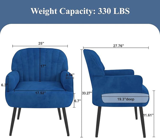 Velvet Accent Chair, Upholstered Modern Leisure Single Sofa Side Living Room Chair, Comfy Tufted Back Armchair with Metal Legs for Waiting Room/Bedroom/Office/Reading Room, Blue