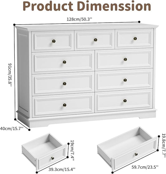 9 Drawer Dressers for Bedroom, 51" Wide Wood Chest of Drawers, Farmhouse Bedroom Dressers with Drawers, Modern Dresser TV Stand, Retro Design, for Living Room, Dressing Room, Hallway, White