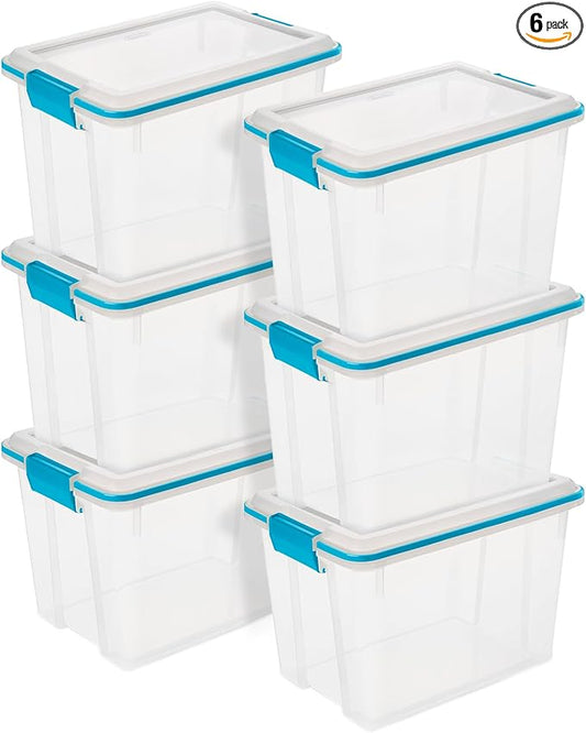 Sterilite 6-Pack Gasket Box, Weather-Resistant Storage Bins with Latching Lids, 20 Quart - Heavy-Duty Organizing Containers for Closet, Bathroom, and Office