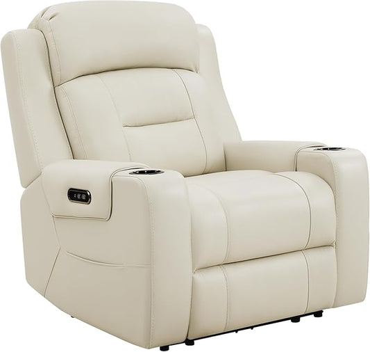Watson & Whitely Oversized Genuine Leather Power Recliner Chairs for Big and Tall, Extra Wide Lay Flat Recliner with Power Headrest & Cup Holders, Electric Reclining Sofa for Living Room, Cream