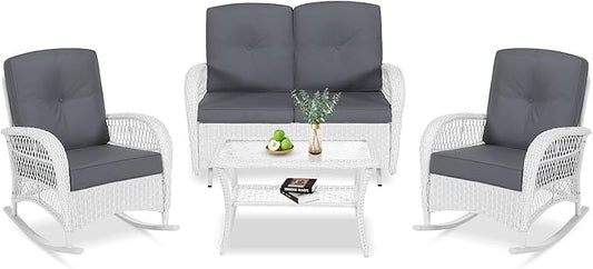 VIVIJASON 4-Piece Outdoor Patio White Wicker Conversation Sets, All Weather Outdoor Rattan Furniture Set Includes Glider Loveseat, Coffee Table, 2 Rocking Chairs with Cushions for Backyard, Grey