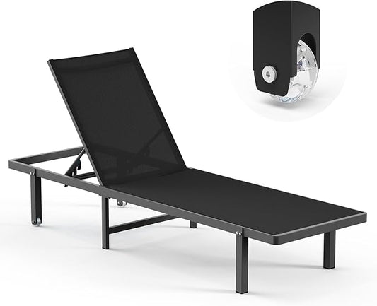 Pool Lounge Chairs, Chaise Lounge Outdoor with Wheels and 5-Position Recliner -Easy to Move- Aluminum Patio Lounge Chair for Poolside, Deck (Black)