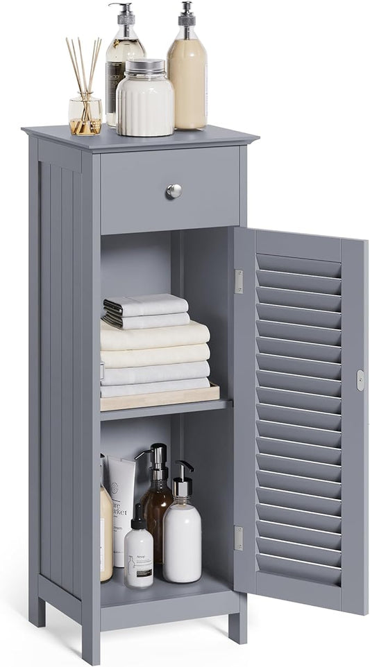 VASAGLE Storage Cabinet, Small Slim Floor Cabinet with Drawer and Shutter Door, for Living Room, Bathroom, Bedroom, 11.8 x 12.6 x 34.3 Inches, Dove Gray UBBC043G02