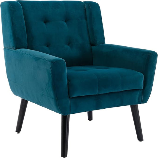 Dolonm Midcentury Modern Accent Chair with Arms, Upholstered Fabric Reading Side Chair Tufted Back Decorative Wingback Chair for Living Room Bedroom (Teal)