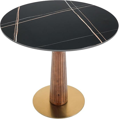 Sintered Stone Office Table and Chair Set - 33.5" Round Table for Small Offices (Light Brown Leg and Black Top, 1 Table and 4 Chairs)
