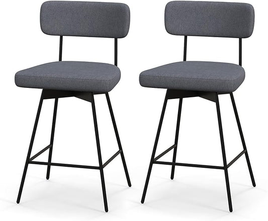 COSTWAY Bar Stools Set of 2, 25” Upholstered Counter Height Bar Stools with Back, 360° Swivel Dining Chairs with Heavy-Duty Metal Legs and Footrests, for Kitchen Island, Dining Room, Bar (2, Grey)