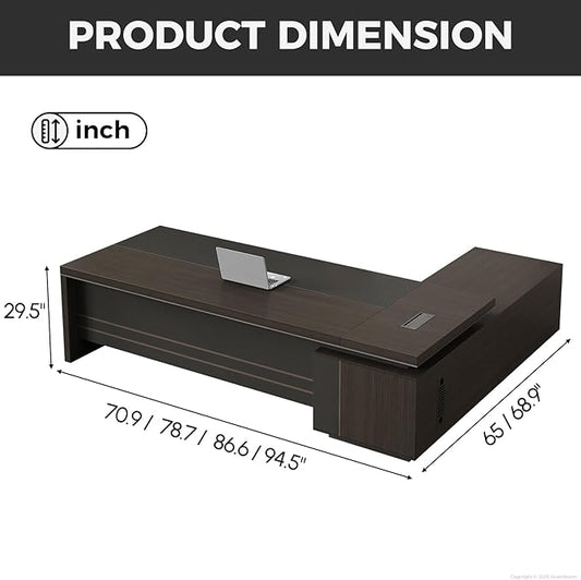 Reversible L Shaped Executive Desk with Lockable Drawers, Power Box & Cable Management, Dual-Tone Modern Wood Office Desk with Storage Cabinets & Privacy Panel for Home Office