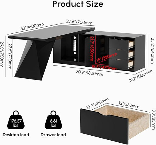homary 70.9" Modern L-Shape Executive Desk Set, Home Office Desk with Home Office Executive Chair, Drawers & Cabinet Modern Computer Desk for Home Business Furniture, Black, Left Hand