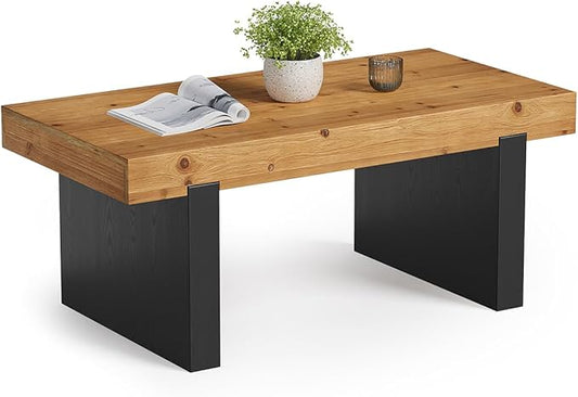 LITTLE TREE Solid Wood Coffee Table, 47.2" Center Table for Living Room, Black and Wood Two-Tone Modern Coffee Table, Rectangle Farmhouse Living Room Table for Bedroom, Easy Assembly, Rustic Natural