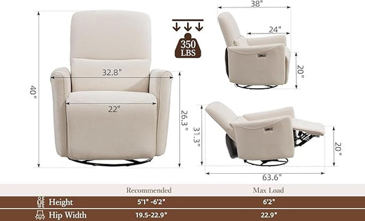 Power Swivel Recliner Chair, Upholstered Fabric Glider Electric Rocking Chair for Adults. Nursery Rocker Single Sofa with Lumbar Support for Living Room. Dual-port Charging: Type-C&USB, Beige