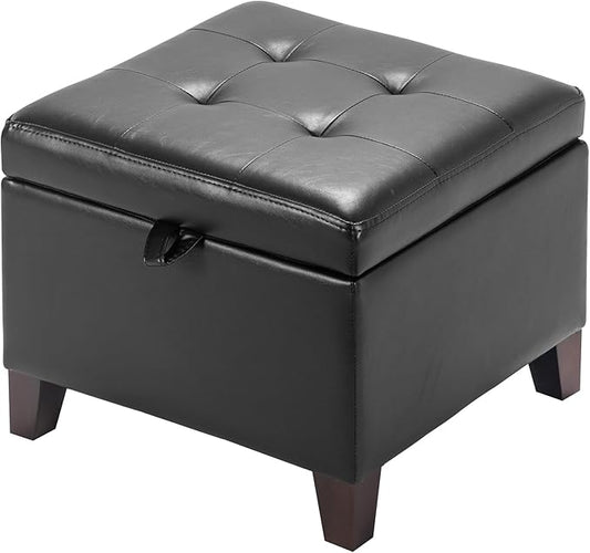 Asense 17 Inch Storage Ottoman Foot Rest,Square Faux Leather Foot Stool,Small Ottoman with Storage,Padded Seat for Entryway,Living Room,Bedroom,Couch,Under Desk,Black