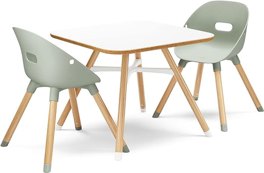 Lalo The Play Kit - Kids Table & Chairs Set with Sustainably Sourced Wood Table & Non-Toxic Bucket Seat Chairs - Safe & Comfortable - Coconut/Sage