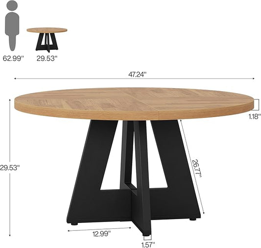 Tribesigns Farmhouse Dining Table, 47 Inch Round Dinner Table for 4, Rustic Round Dining Room Table for Home Dining Room Living Room (Walnut Brown+Black)