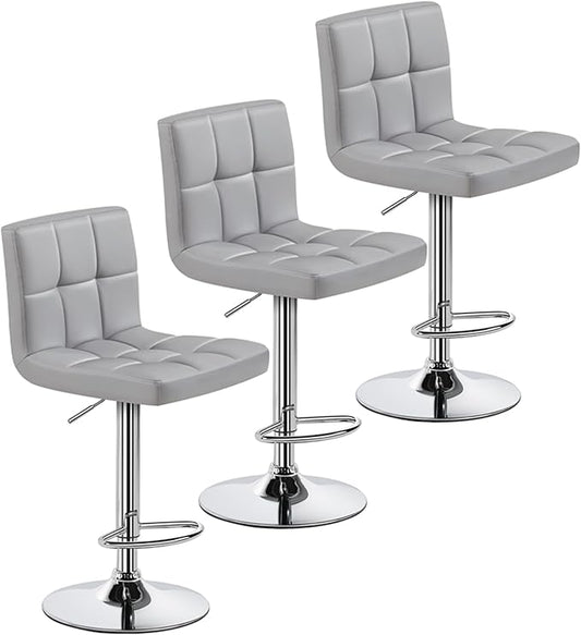 Yaheetech Bar Stools Set of 3, Adjustable PU Leather Swivel Barstools, Modern Counter Stools with Back and Footrest, Counter Height Barstools for Bar, Kitchen, Dining Room, Light Grey