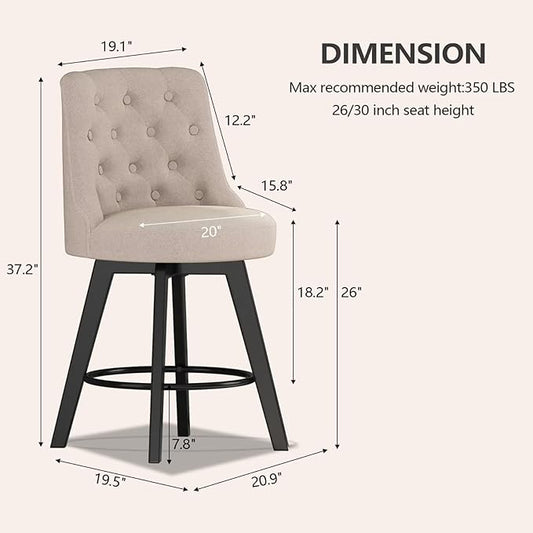 MINCETA Set of 2 Upholstered Bar Stools - 26 Inch Swivel Counter Height Stools with Low Tufted Back, Footrest & Performance Fabric - Round Seat for Kitchen Island & Home Bar Beige