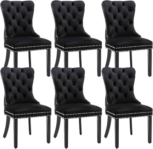 Velvet Dining Chairs Set of 6, Tufted Dining Room Chairs with Nailhead Ring Pull Trim, Upholstered Dining Chairs with Solid Wood Legs for Kitchen Dining Room, Sillas De Comedor (Black)