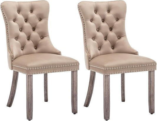Velvet Dining Chairs Set of 2, Upholstered Dining Room Chairs with Nailhead Ring Pull Trim, Button Tufted Wing Back Chairs for Dining with Solid Wood Legs for Kitchen Dining Room(Khaki)