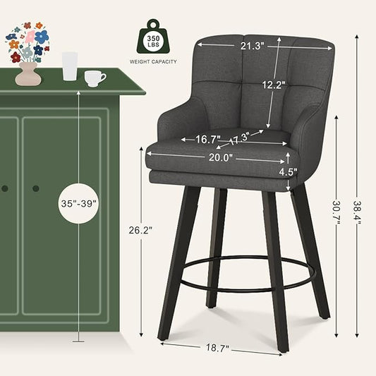 360°Swivel Counter Height Bar Stools with Back, 26 inch Solid Wood Legs, Bar Stool Modern Kitchen Island Chairs, Fabric (Black Grey- Fabric, 26" H- Set of 4)