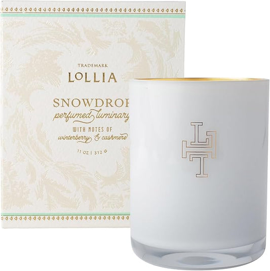 Lollia Snowdrop Luminary, 11 oz, 312 g, Winterberry & Cashmere Scented Soy Candle, 70 Hour Long Lasting Burn Time, Luxury Home Fragrance & Aromatherapy Decor