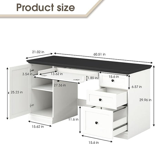 60.5" Executive Office Desk, Classic Computer Desk with File Drawer, Keyboard Tray Cabinet Storage, Farmhouse Wood Writing Desk for Home Office or Study, White with Black Desktop
