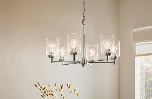 KICHLER Winslow 26" 6 Light Chandelier with Clear Seeded Glass in Brushed Nickel for Dining Room, Living Room, Kitchen and Rooms with Vaulted Ceilings, Industrial Style, (26" x 26" x 16.5") 52616NI