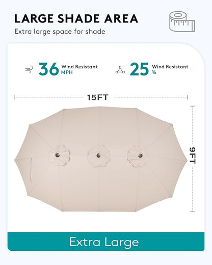 SERWALL HDPE Patio Furniture Set with 15FT Double Side Patio Umbrella, All Weather Wood-Like Outdoor Sofa Sectional Couch, Blue Patio Furniture with Khaki Cushions
