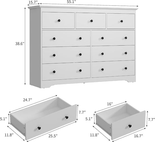 55 Inch Wide White Dresser for Bedroom, 9 Drawer Dresser with Large Drawers, Wood Chest for Living Room, Hallway