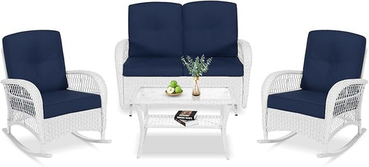VIVIJASON 4-Piece Outdoor Patio White Wicker Conversation Sets, All Weather Outdoor Rattan Furniture Set Includes Glider Loveseat, Coffee Table, 2 Rocking Chairs with Cushions for Backyard, Navy Blue